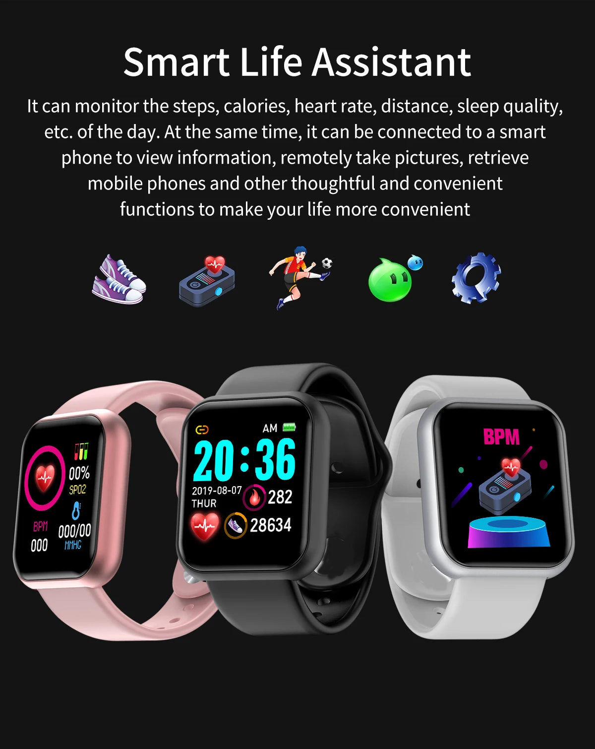 D20 Smart Watch for Men Women Smartwatch Y68 Fitness Tracker Sports Heart Rate Monitor Wristwatch for IOS Android