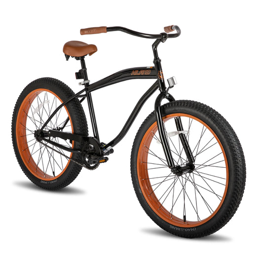 Hiland Adult Fat Tire Beach Cruiser Bike, Wide 26 x 3 Inch Wheels, Single Speed Cruiser Bike with Coaster Brakes