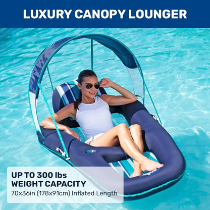 Pool Float Lounger with UPF 50 Canopy and Cupholder – Heavy Duty, Inflatable Pool Lounge for Adults