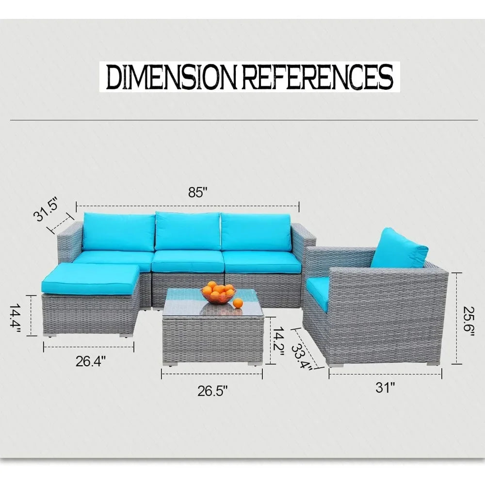 6pcs Patio Furniture Set PE Gray Rattan Wicker Sectional Outdoor Sofa Set Outside Couch W/Blue Washable Seat