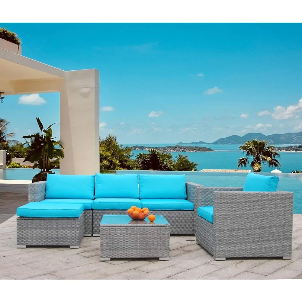 6pcs Patio Furniture Set PE Gray Rattan Wicker Sectional Outdoor Sofa Set Outside Couch W/Blue Washable Seat