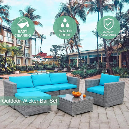 6pcs Patio Furniture Set PE Gray Rattan Wicker Sectional Outdoor Sofa Set Outside Couch W/Blue Washable Seat