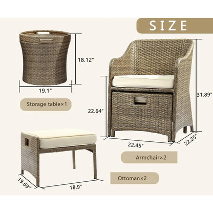 Outdoor Patio Wicker 5-Piece Furniture Set, No Assembly Required All-Weather Rattan Conversation Bistro & Storage Table (Beige)