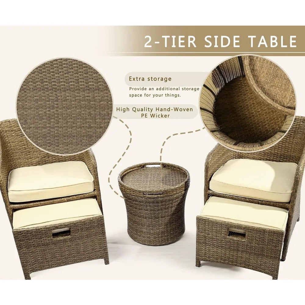 Outdoor Patio Wicker 5-Piece Furniture Set, No Assembly Required All-Weather Rattan Conversation Bistro & Storage Table (Beige)