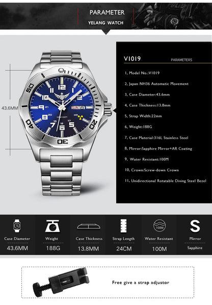 Yelang V1019 Brand 44MM Men Watch NH36 100M PROFESSIONAL WATERPROOF Deep Diving Mechanical Automatic Watch Sapphire Lens Reloj