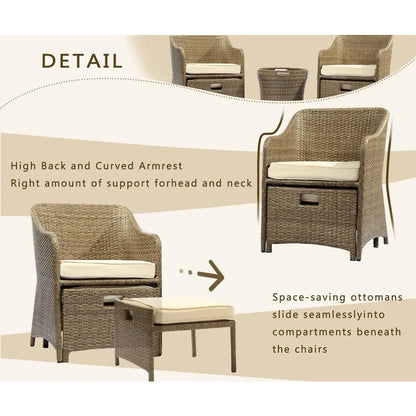 Outdoor Patio Wicker 5-Piece Furniture Set, No Assembly Required All-Weather Rattan Conversation Bistro & Storage Table (Beige)