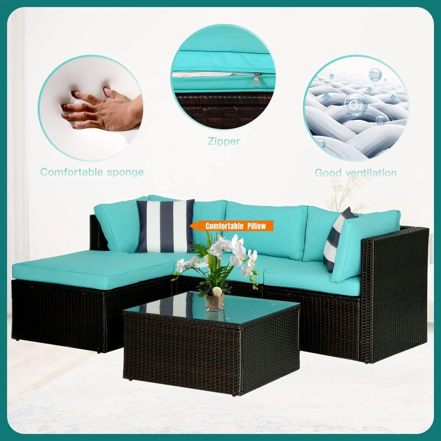 5Pcs Modular Outdoor Sofa Set All Weather Wicker Sectional Sofa with 2 Corner Chair Armless Chair Ottoman Chair Glass Table